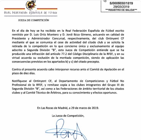 RFEF expulsión Ontinyent CF