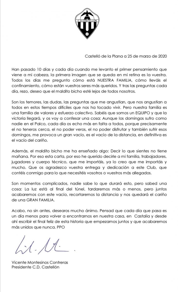 Carta vicente montesinos cd castellon