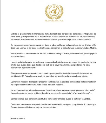 Comunicado Flat Earth FC arbitraje
