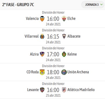 Horarios jornada 3 DHJ grupo 7C