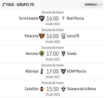 Horarios jornada 3 DHJ grupo 7D