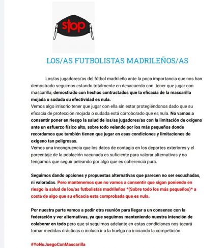 Texto jugadores madrileños contra la mascarilla