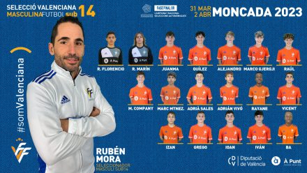 La Federació de Futbol de la Comunitat Valenciana ha hecho pública la lista oficial de 18 jugadores convocados que representarán a la Selecció Valenciana masculina sub14 de fútbol en #Moncada2023. Del 31 de marzo al 2 de abril se disputa la Fase Final Oro del Campeonato Nacional de Selecciones Autonómicas de la categoría en el Poliesportiu David Casinos de Moncada (Valencia). La Selecció sub14 se enfrentará en semifinales a la Comunidad de Madrid el viernes 30 a las 19:00 en el campo 1 (Miguel Tendillo). Estos son los 18 jugadores convocados por el seleccionador Rubén Mora: