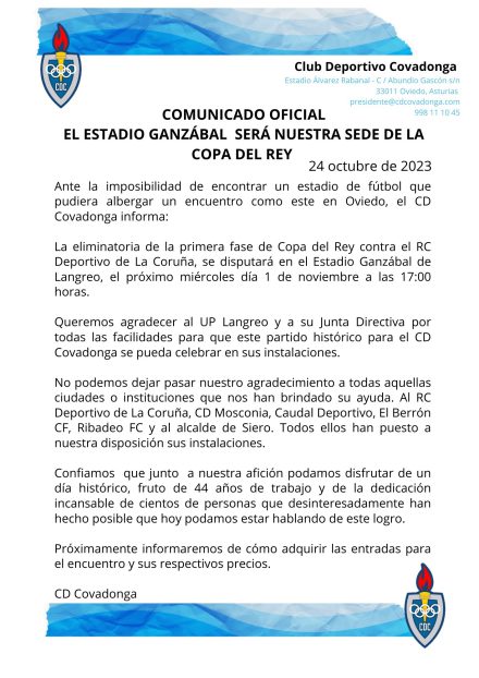 Comunicado oficial CD Covadonga