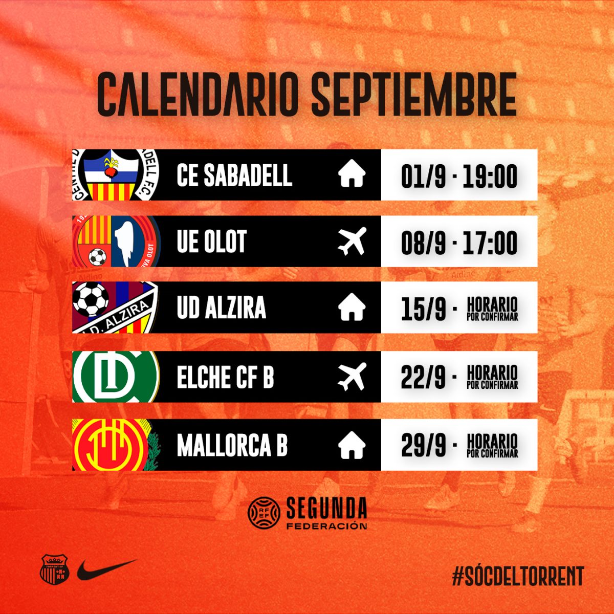 Calendario de partidos del Torrent este septiembre. Foto: club.