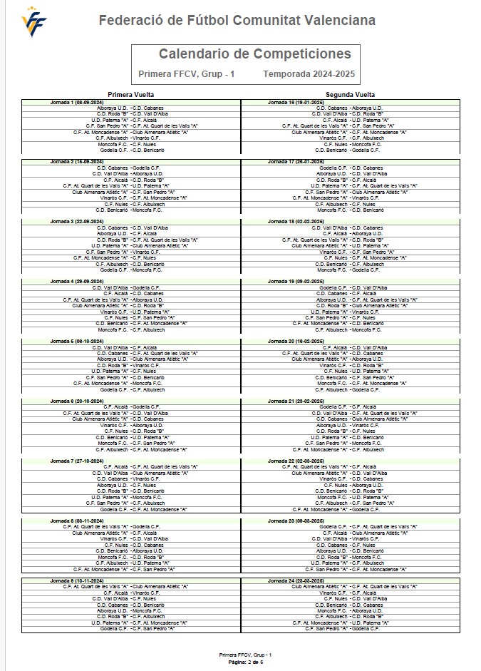 Primera FFCV Grupo 1 Calendario. 