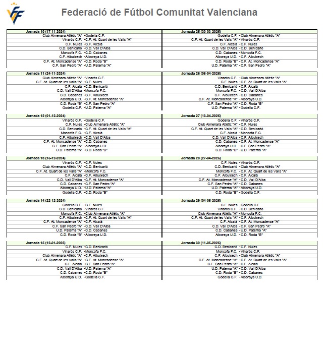 Primera FFCV Grupo 1 Calendario. 