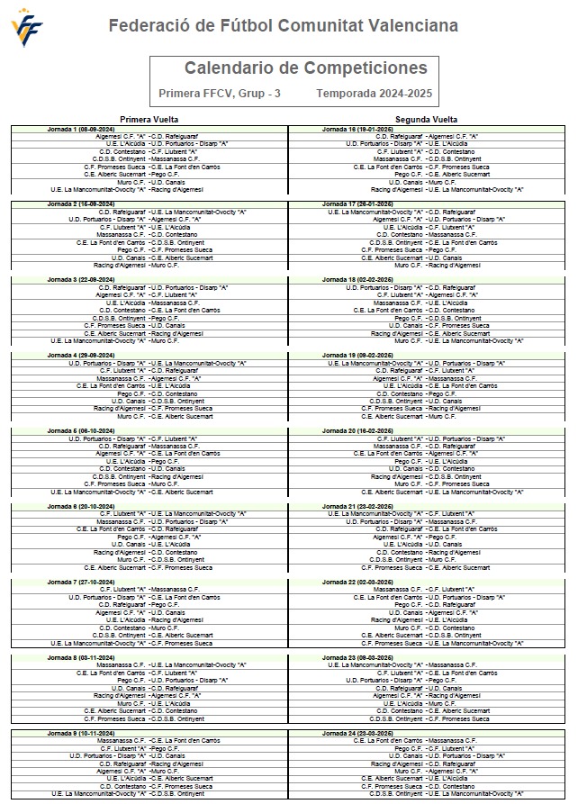 Calendario Primera FFCV Grupo III. 