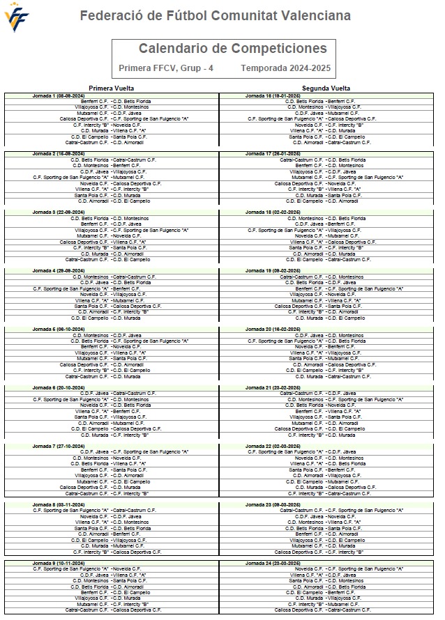 Calendario Primera FFCV Grupo IV. 