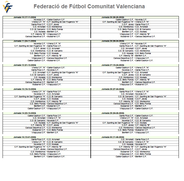 Calendario Primera FFCV Grupo IV. 