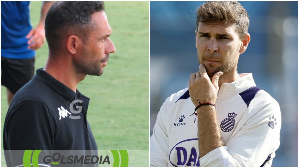 Adrián Ferrandis y Victor Cea, entrenadores de la UD Alzira y RCD Espanyol B. Foto: GOLSMEDIA y RCDE.