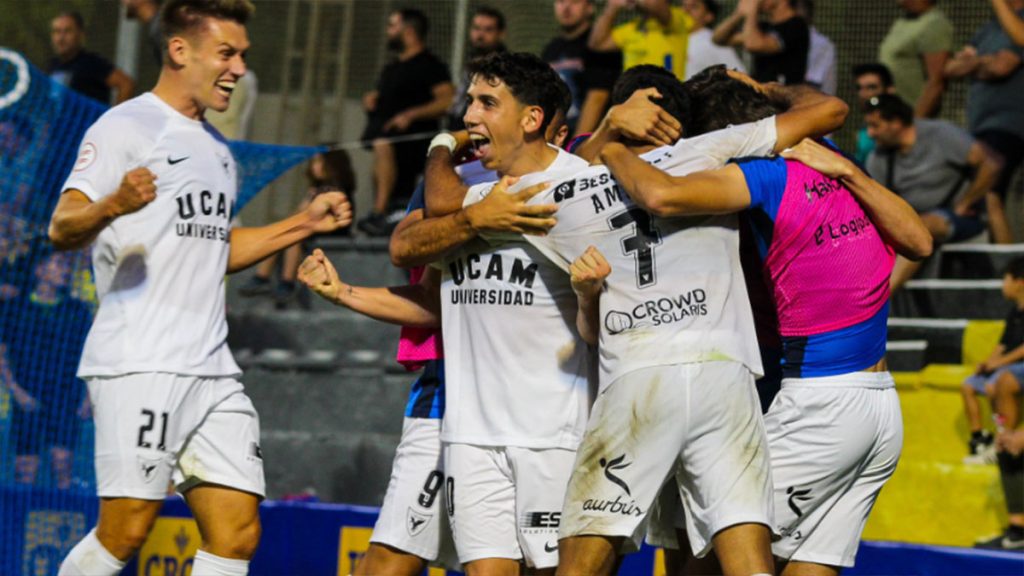 Celebración de un gol del UCAM Murcia en Los Arcos. Foto. UCAM Murcia CF.