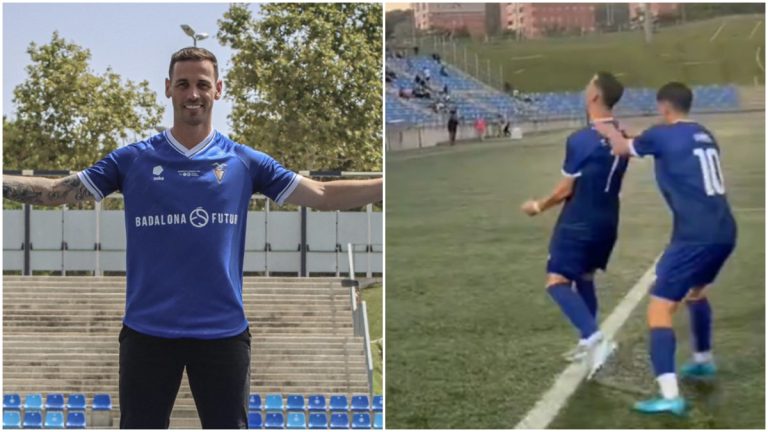 Álvaro Vázquez celebrando sus primeros goles con el CF Badalona. Foto: CF Badalona.