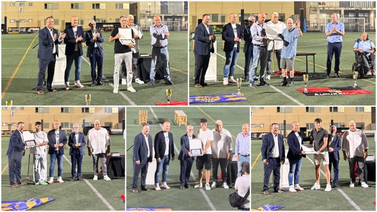 Los homenajes del Alboraya a Marcos Navarro, Toni Tamari, Carlos Alós, Chema Sanz y Rafa Catalá. Fotos: club.