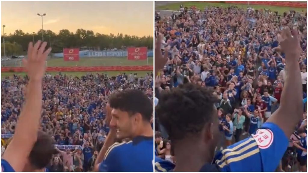 Aficionados del Lleida FC y jugadores celebrando la victoria. Foto: Lleida FC