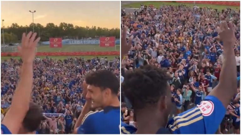 Aficionados del Lleida FC y jugadores celebrando la victoria. Foto: Lleida FC