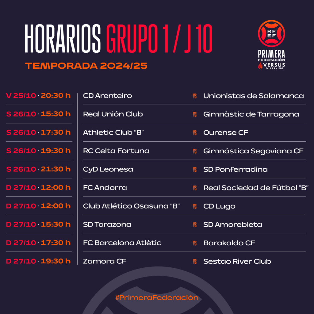 Horario Jornada 10 Grupo 2. Foto: Primera Federación.