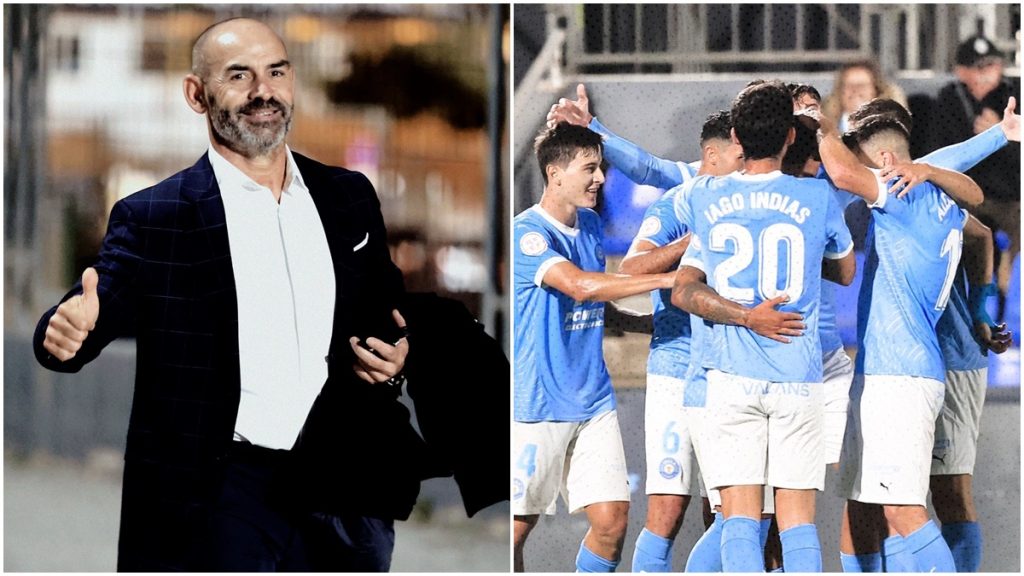 Paco Jémez y los jugadores de la UD Ibiza celebrando un gol. Foto: UD Ibiza.