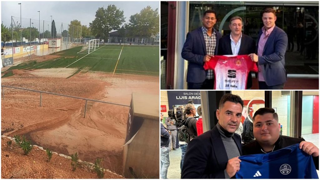 El campo del CF Chiva, y Edgar y Anderson del Alfafar con Salva Gomar, y Santi del Massanassa con el entrenador Michel. Fotos: clubes.