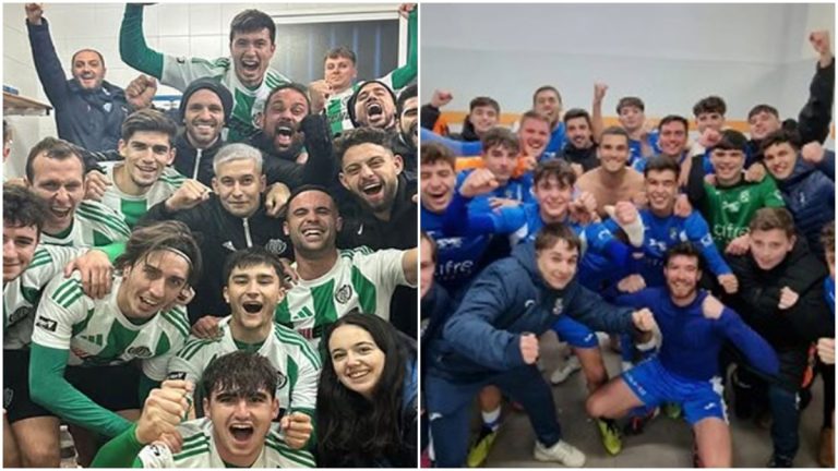 Las plantillas del Bétera y Esportiu Vila-real celebrando sus victorias. Fotos: clubes.