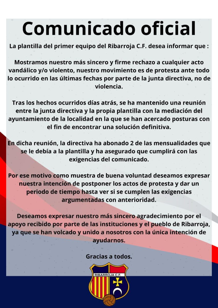 Comunicado de la plantilla del Ribarroja CF. 