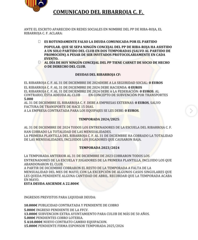 Comunicado del Ribarroja CF. 