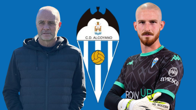 Vicente Mir y Jaume Valens, entrenador y portero del CD Alcoyano. Foto: CD Alcoyano.