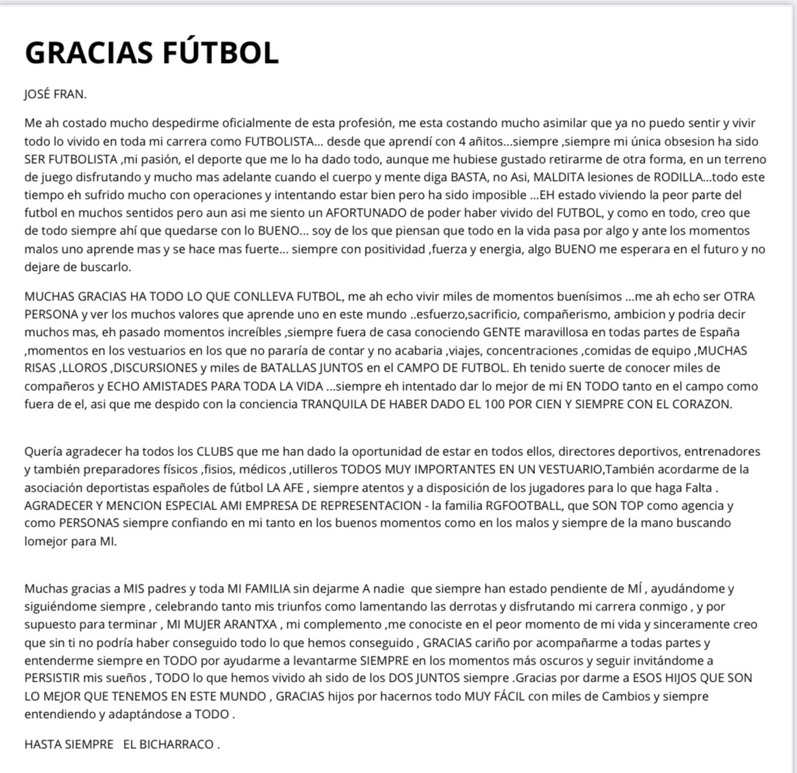 José Fran, mensaje de despedida del fútbol. Foto: Twitter José Fran. 