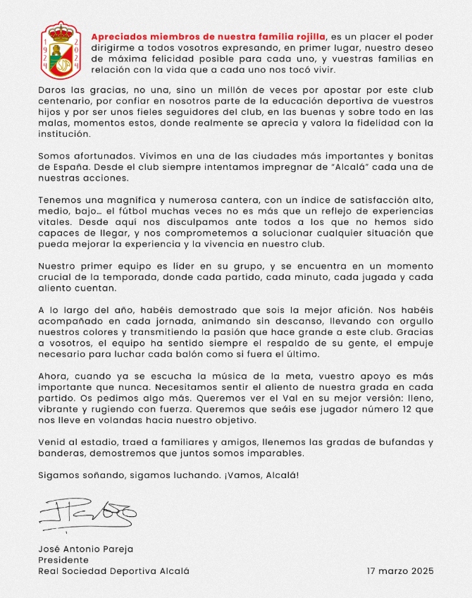 comunicado del presidente del alcalá