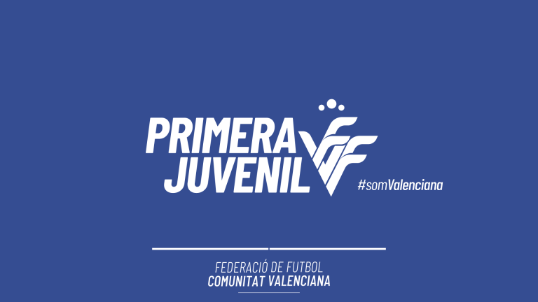 Logotipo de la Primera Juvenil de la FFCV sobre fondo azul, con el slogan #somValenciana y el nombre de la federación en la parte inferior.